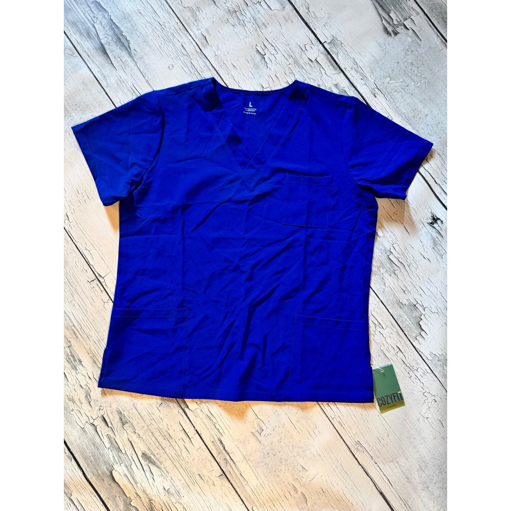 CozyFit Royal Blue V-Neck Scrub‎ Top Short Sleeve Multi-Pocket Medical Uniform L